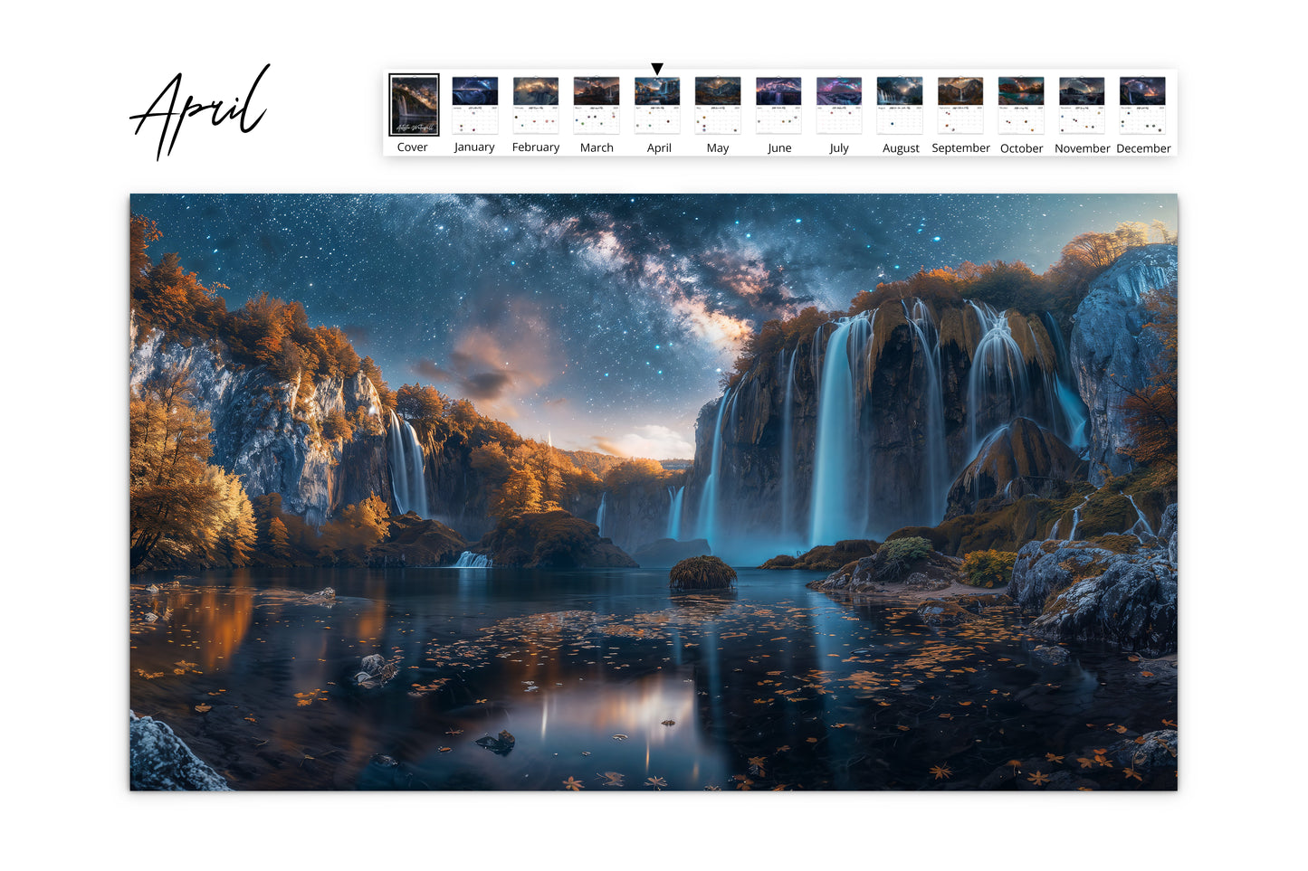 April page of the Artistic Waterfall calendar highlighting a beautiful waterfall surrounded by autumn foliage and a starry night