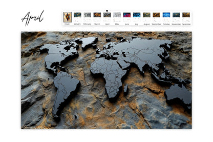 April page of Artistic World Map Wall Calendar depicting a minimalist map of the world in black on a rocky texture background