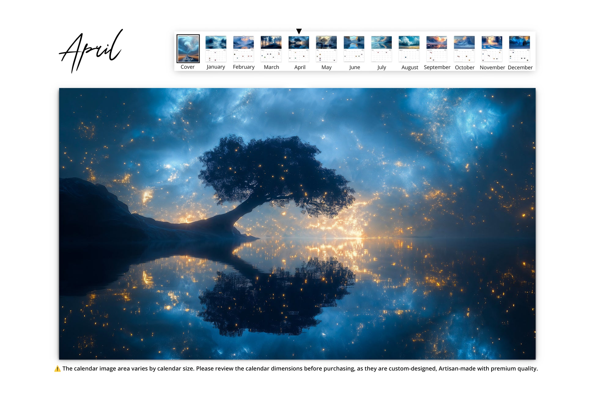 April image of a solitary tree reflected in a calm lake, surrounded by a star-filled sky