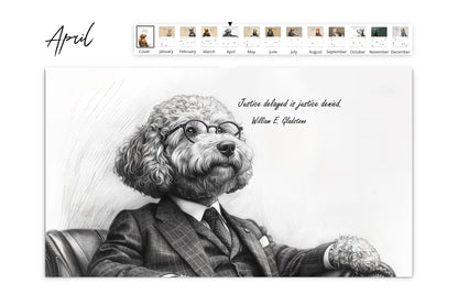 April page of the Canine Counsel Wall Calendar featuring a poodle in a suit with the quote "Justice delayed is justice denied" by William E. Gladstone. Includes calendar grid with holiday markings.