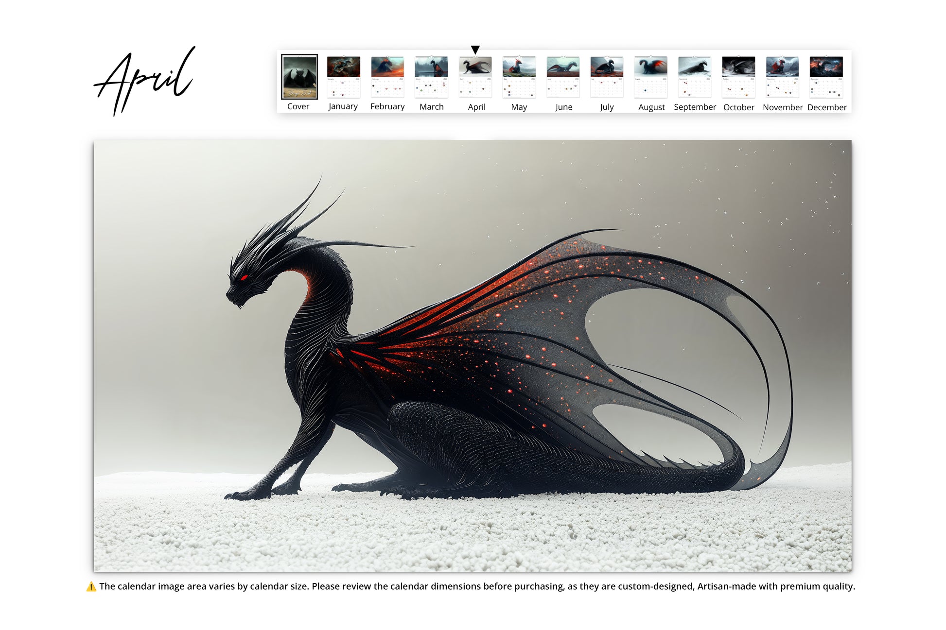 April page: sleek black dragon with intricate wings in a snowy white landscape.