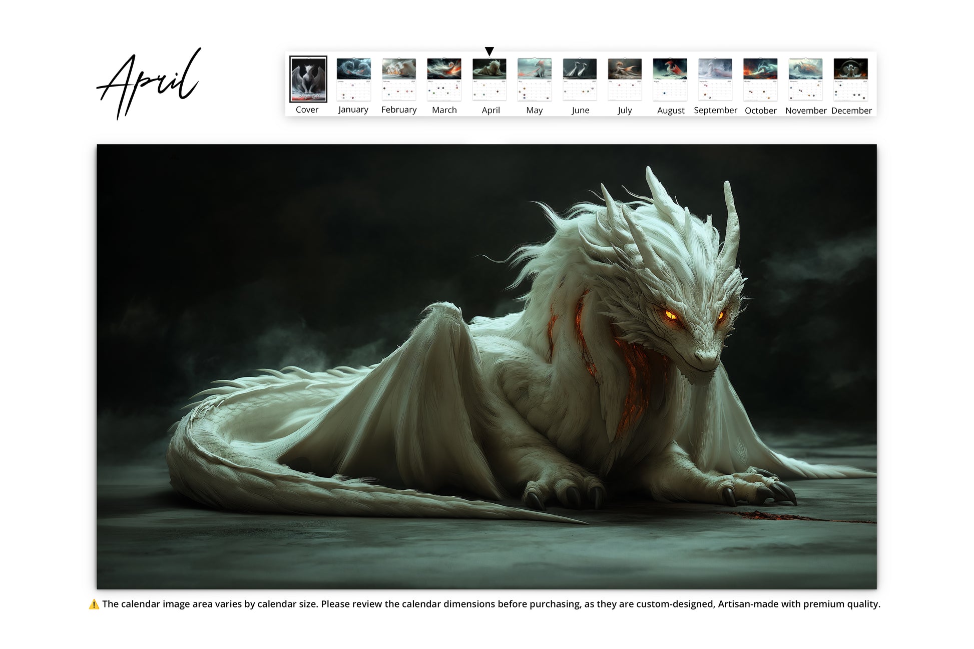 A resting white dragon with glowing orange eyes, nestled in a dark and mysterious environment.