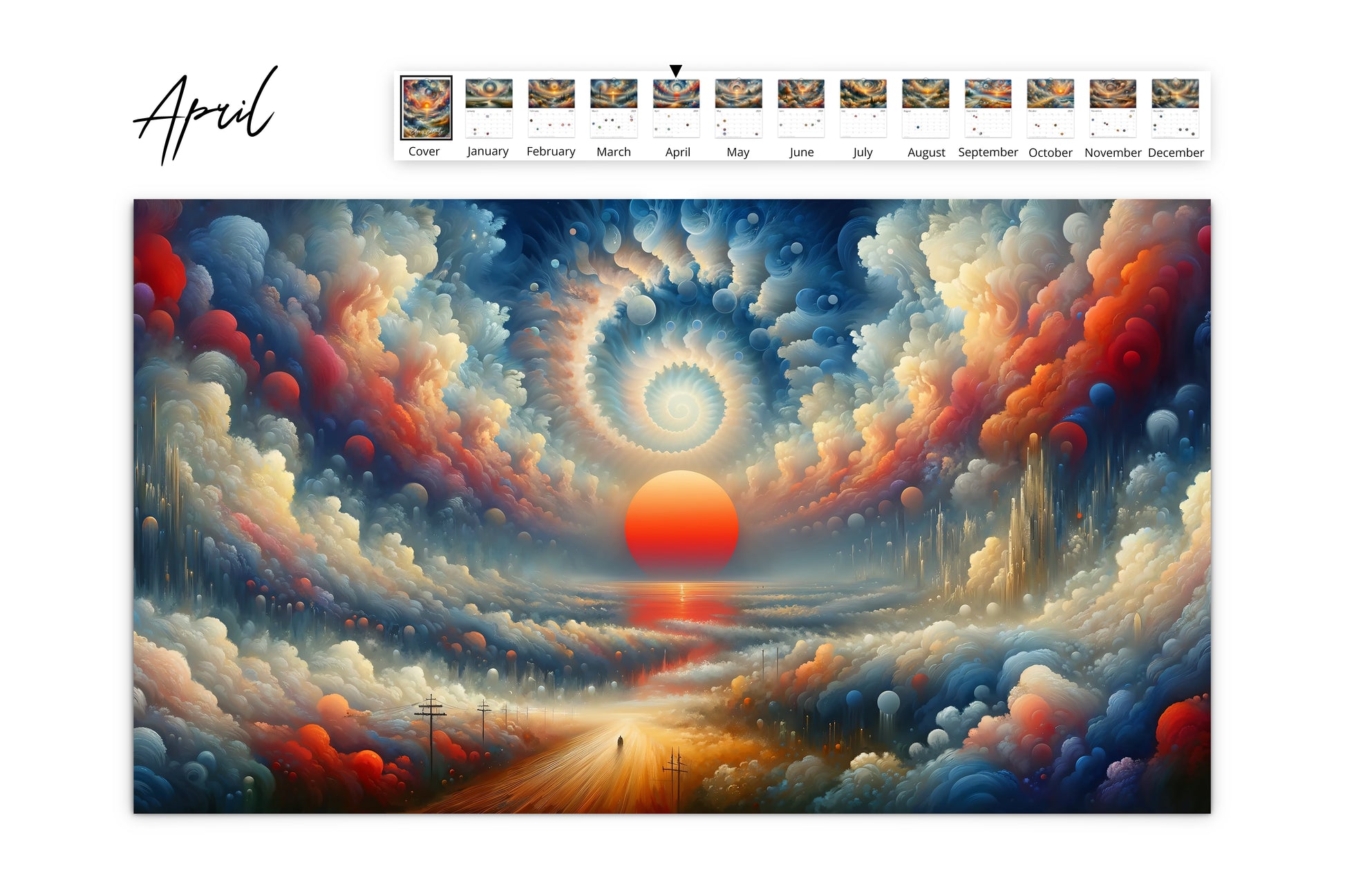 April page of the Edge of Eternity calendar showing a vibrant abstract sunset with swirling clouds, colorful orbs, and intricate patterns in the sky