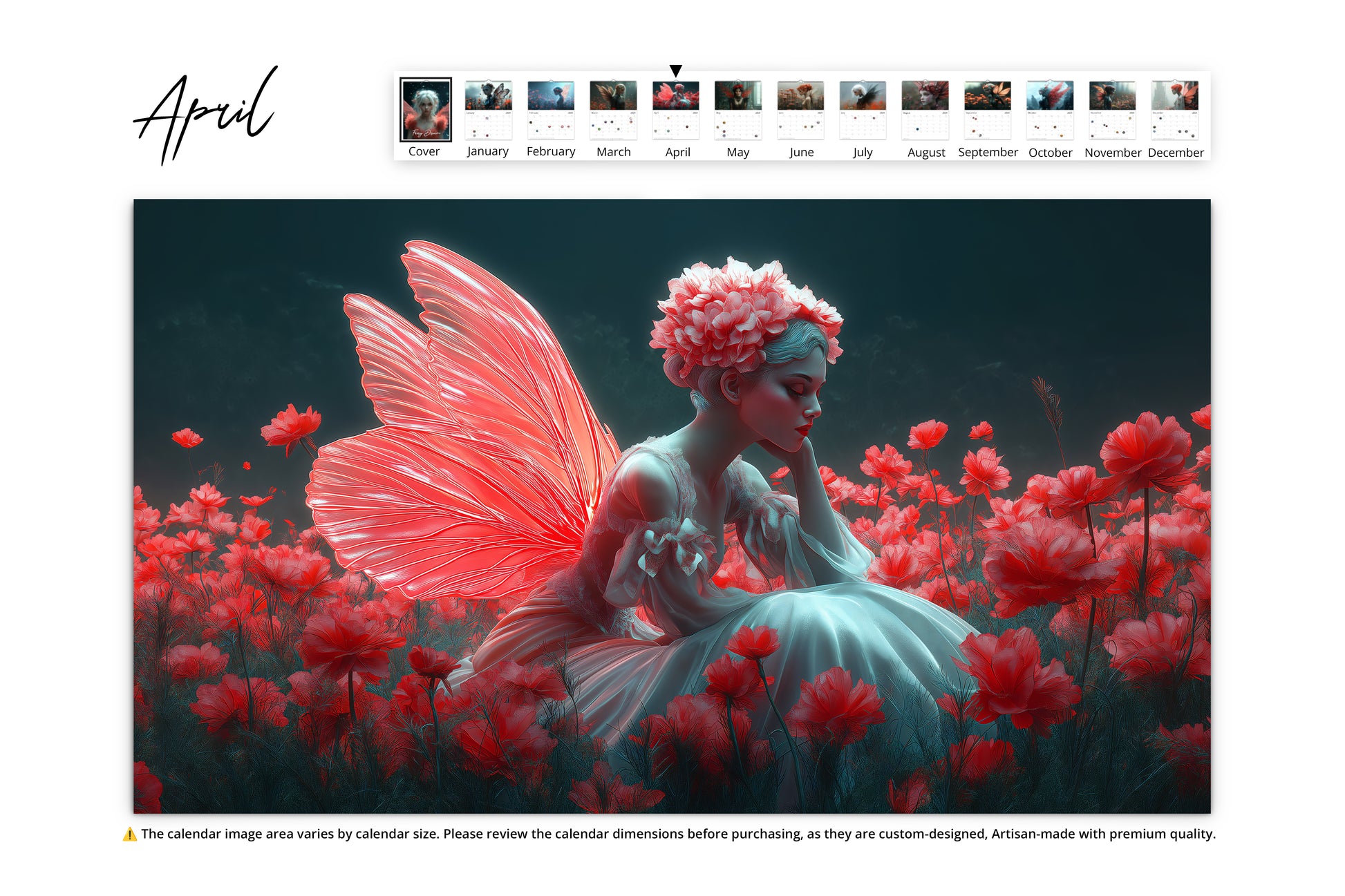 A fairy with glowing red wings sits in a field of red flowers. Her white gown and serene expression create a peaceful, magical scene.