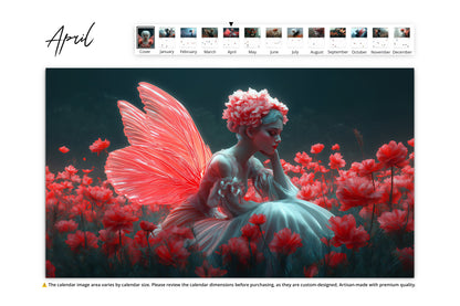 A fairy with glowing red wings sits in a field of red flowers. Her white gown and serene expression create a peaceful, magical scene.