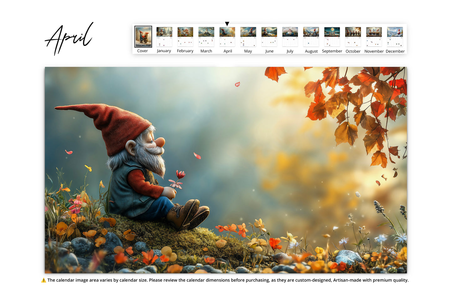 April image of a gnome sitting peacefully in an autumn-inspired forest with falling leaves and flowers  