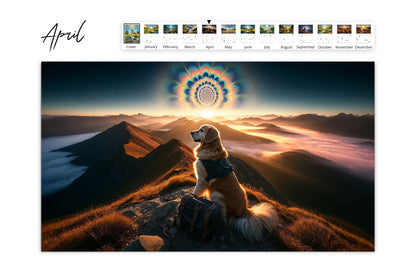 April illustration of a Golden Retriever on a mountain peak at sunrise, gazing at a celestial mandala, with soft clouds enveloping the mountains.