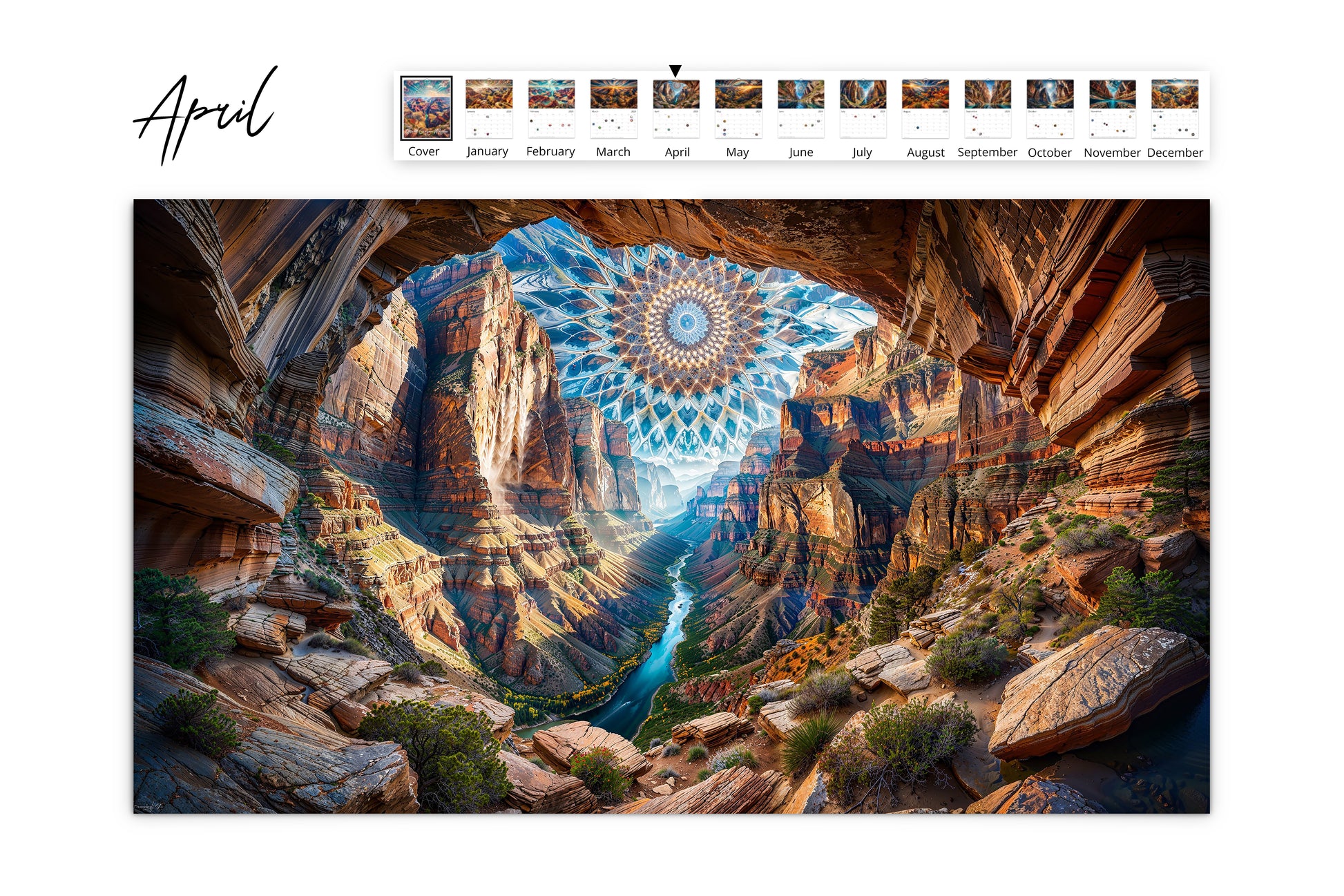 Calendar page showing a canyon view through an arch with an intricate mosaic sky, adding depth to the vibrant Grand Canyon scene.