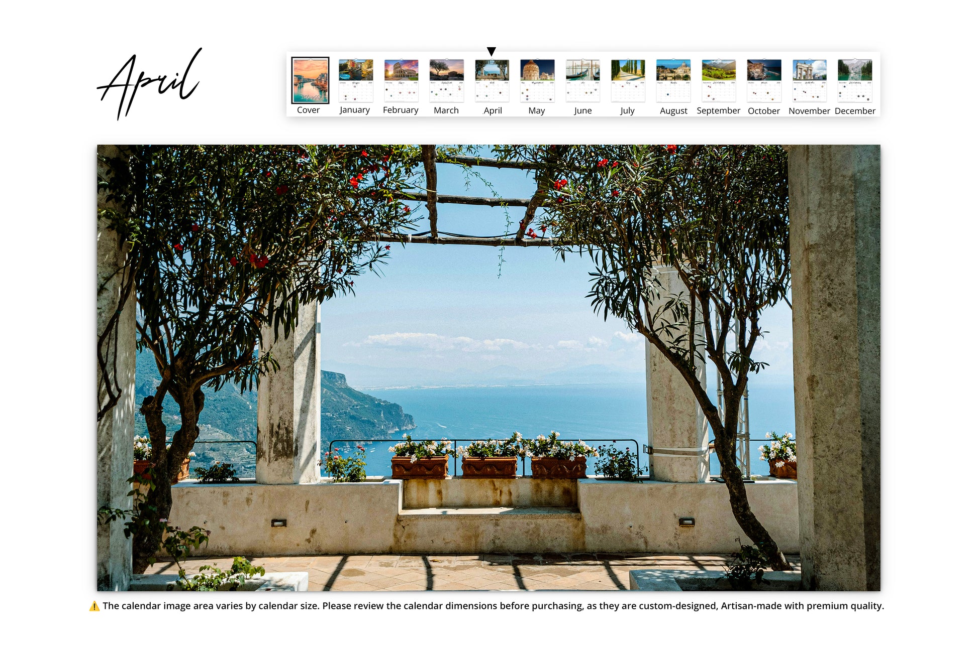 April Image A Mediterranean sea view from a garden terrace in Amalfi, Italy, framed by vibrant flowers and lush greenery.