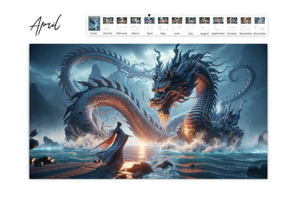 April calendar page depicting a fierce dragon with a dynamic background of misty mountains and crashing waves creating a powerful and mystical scene