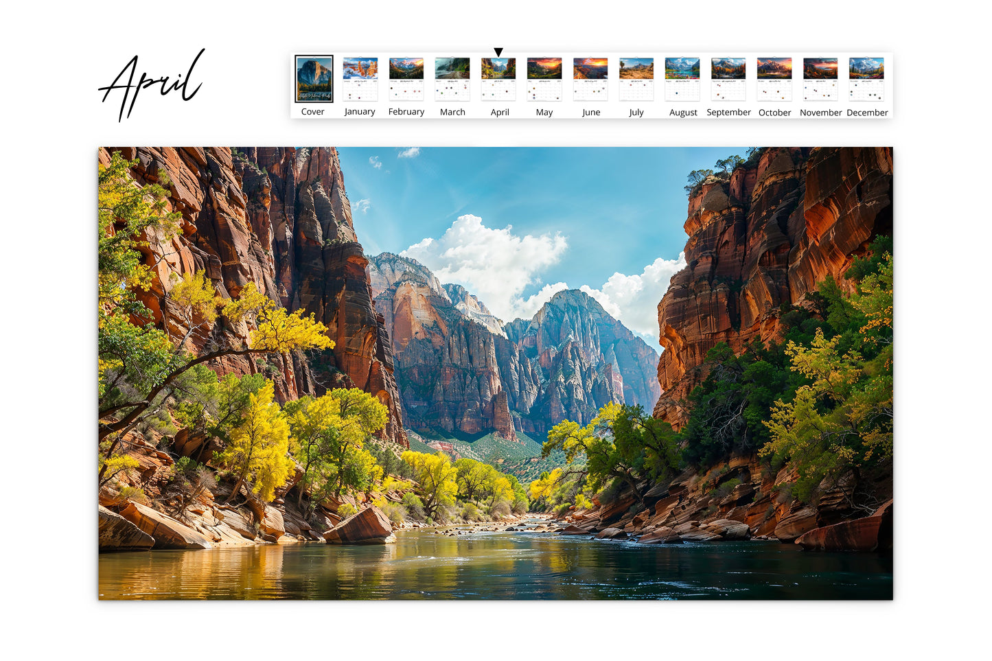 April calendar page highlighting a vibrant canyon scene with clear blue skies and colorful rock formations, representing Zion National Park.