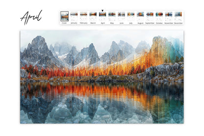 April calendar layout with a majestic mountain range, autumnal trees, and clear reflections in the water