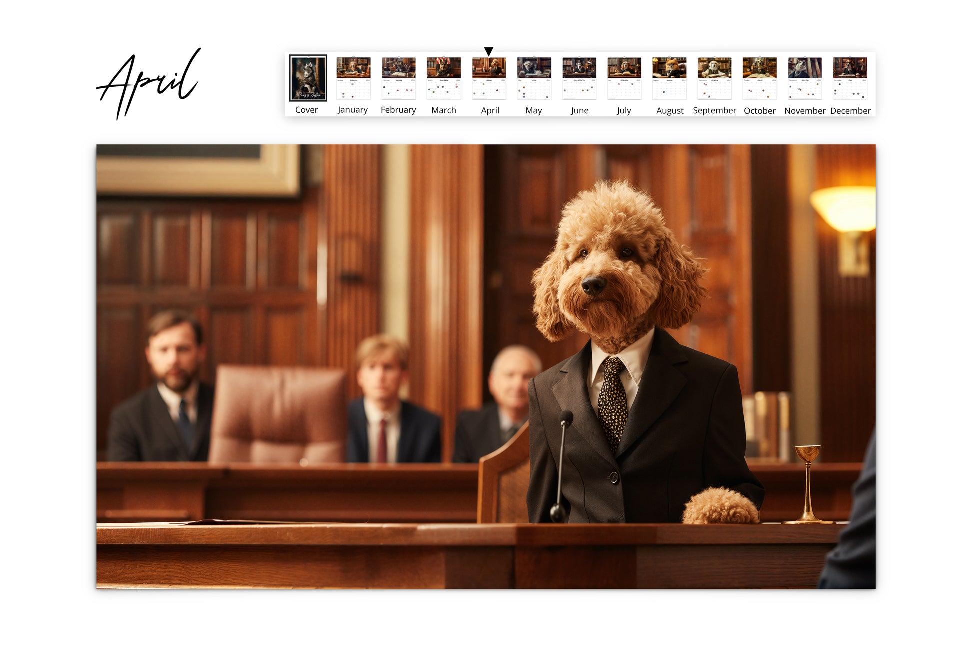 April page of the Paws of Justice calendar with a Goldendoodle standing at a courtroom podium, dressed in a suit, with a serious expression