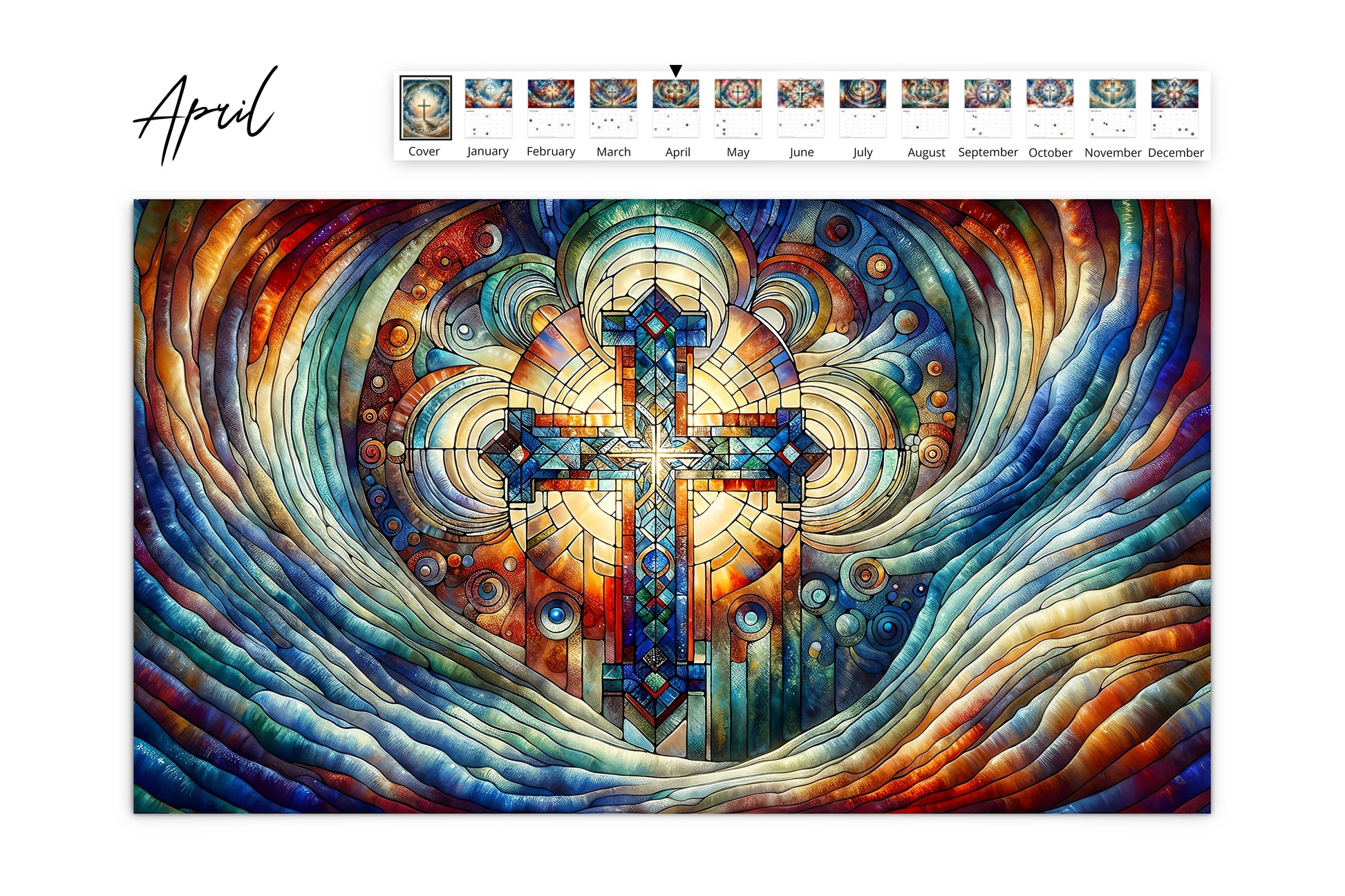 Aprils illustration presents a stained-glass-style cross design with intricate detailing and vivid swirling patterns in shades of blue and orange, alongside the monthly calendar.