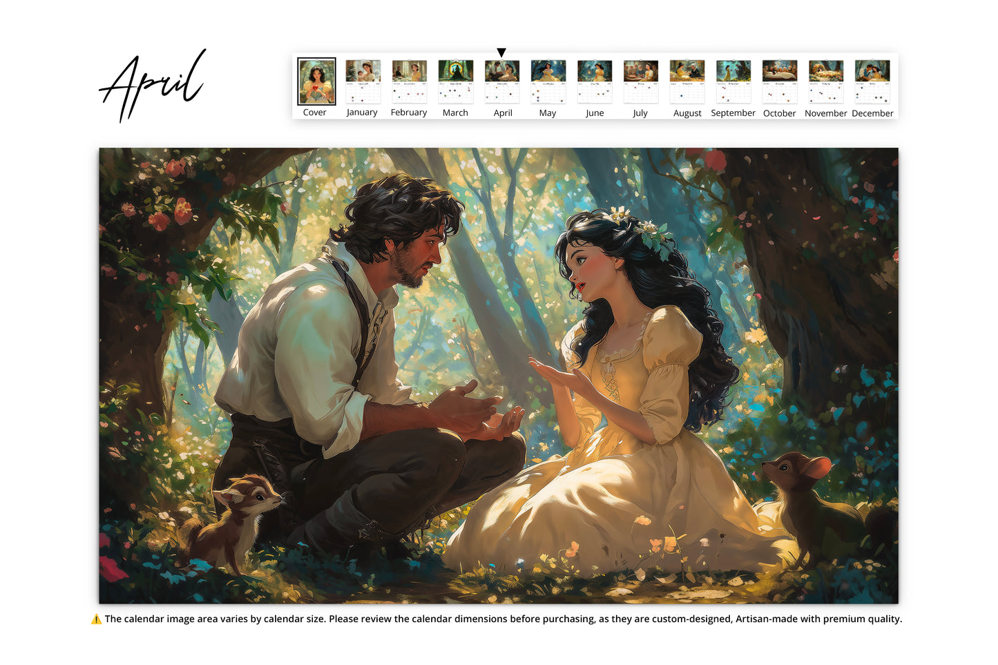 April: Snow White in a sun-dappled forest having a heartfelt conversation with a rugged figure.