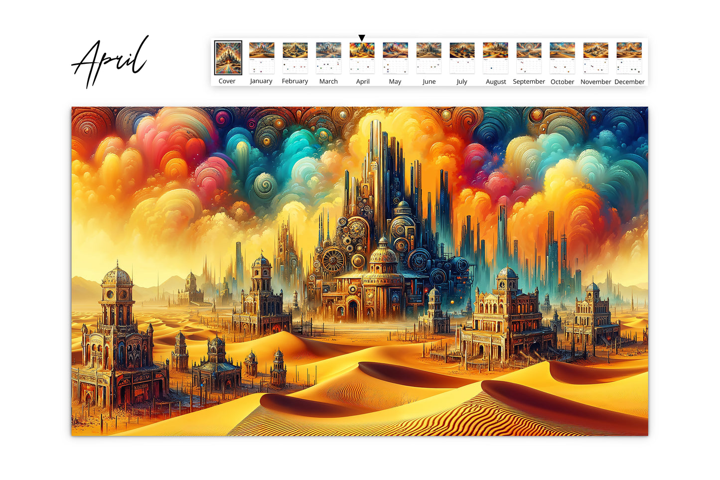 April calendar page highlighting a vibrant, futuristic steampunk city with swirling clouds and colorful skies over a desert landscape