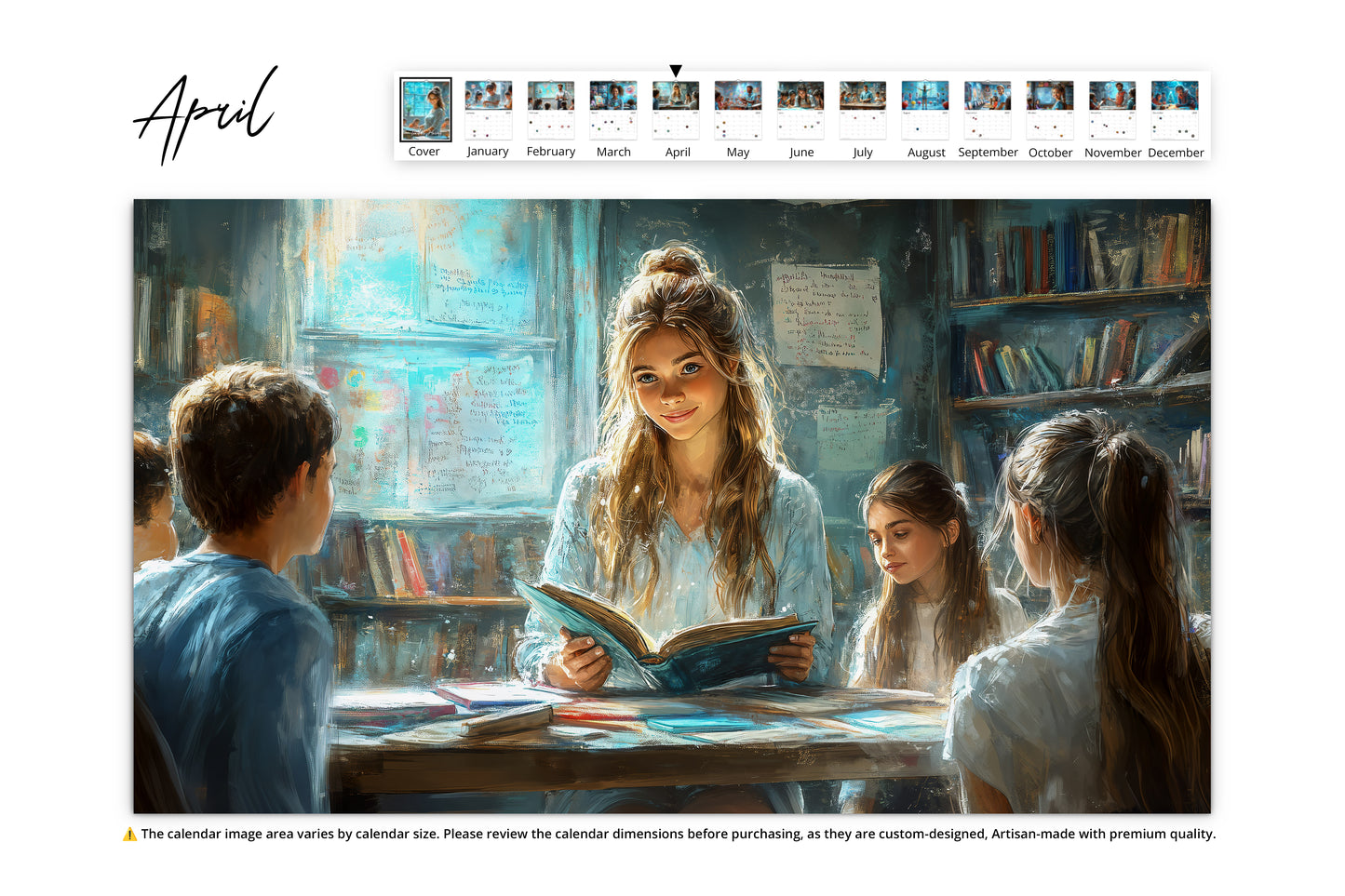 A teacher reading a book to a group of students in a cozy, book-filled classroom with a serene and inspiring atmosphere.