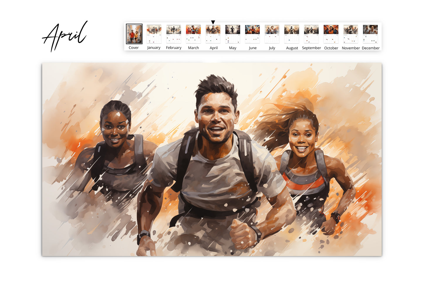 April calendar page showcasing three runners, a man and two women, running with smiles and determination against a backdrop of dynamic brush strokes