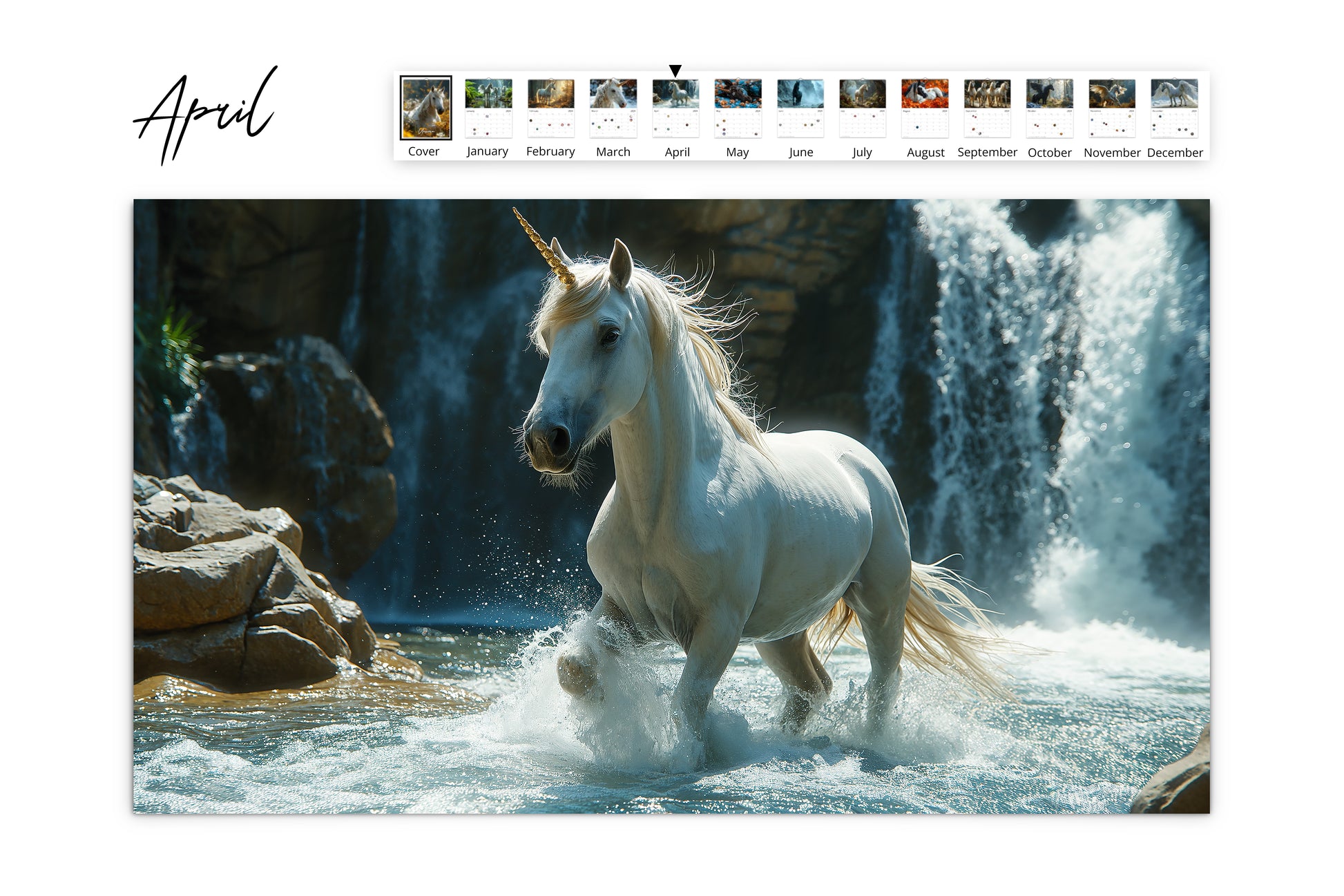 April calendar page featuring a unicorn splashing through a waterfall, showcasing its strength and beauty