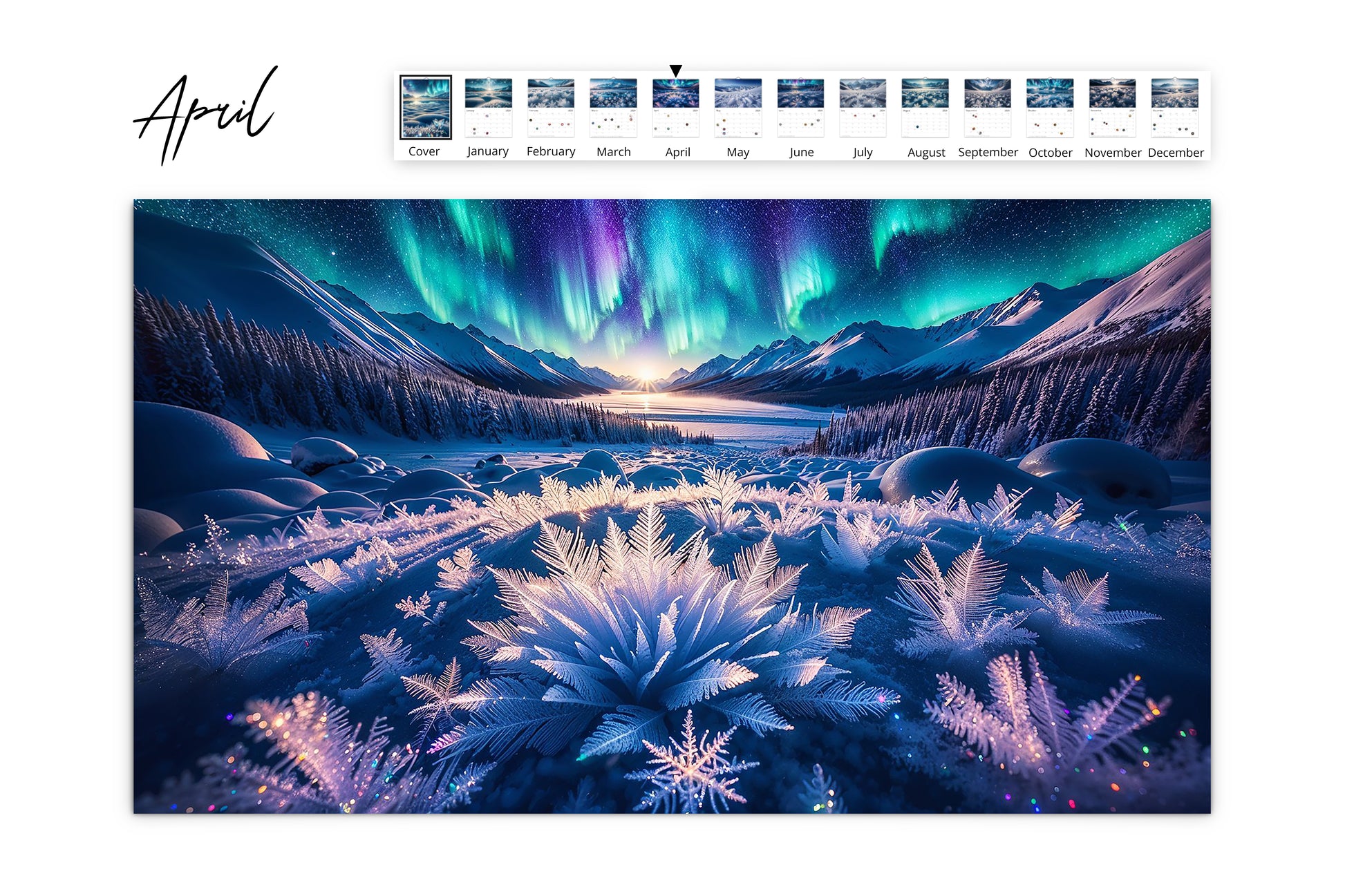 April page depicts a snowy landscape illuminated by the Northern Lights with a foreground of frost-covered plants