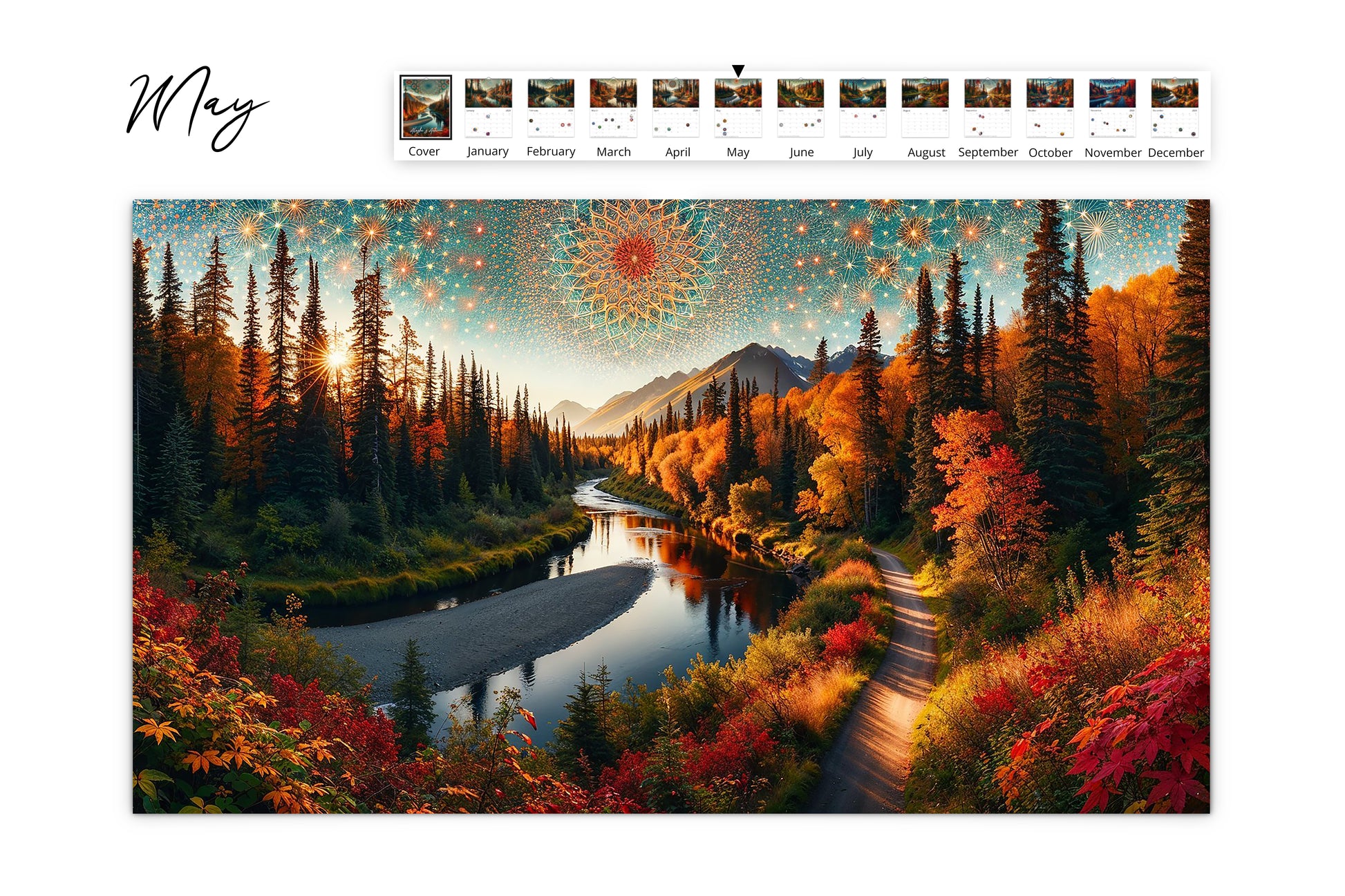 May: A sunlit river curves through a lush Alaskan landscape, showcasing the peak of autumn with radiant colors and a detailed kaleidoscopic design in the sky.