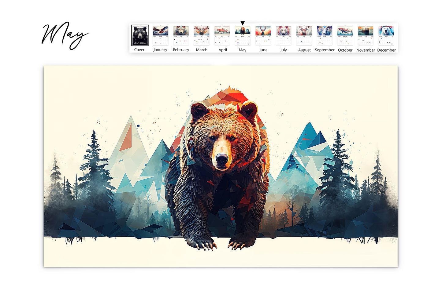 May calendar page displaying a geometric grizzly bear walking towards the viewer with a mountain and forest background