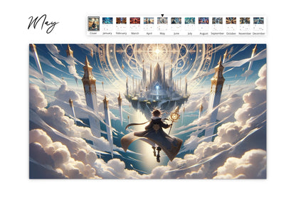 May calendar page depicting a majestic floating castle in the sky with a character ascending toward the structure, surrounded by clouds and beams of light.