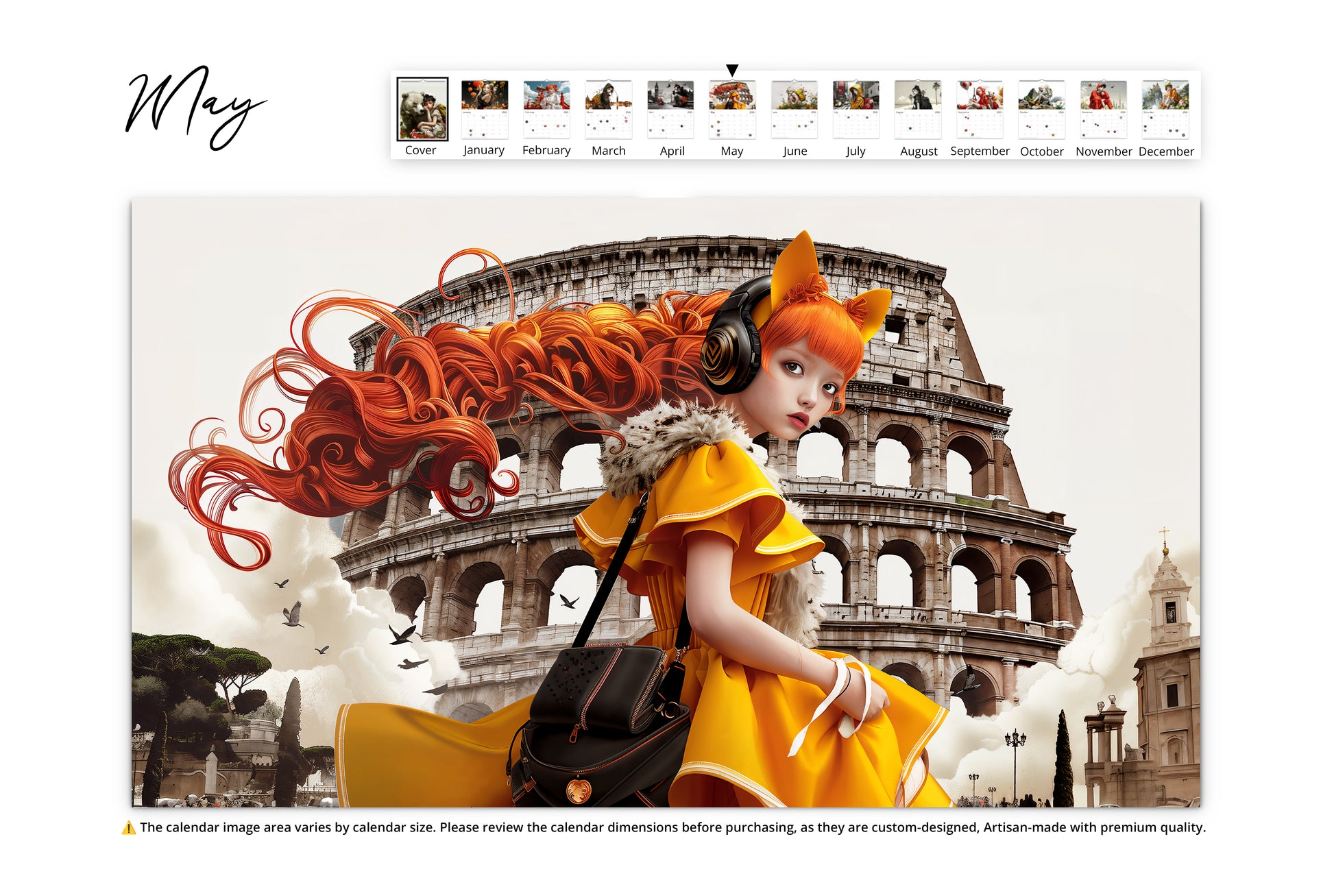 May page featuring an anime girl with red flowing hair and a yellow dress in front of the Roman Colosseum, surrounded by birds and historic architecture