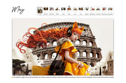 May page featuring an anime girl with red flowing hair and a yellow dress in front of the Roman Colosseum, surrounded by birds and historic architecture