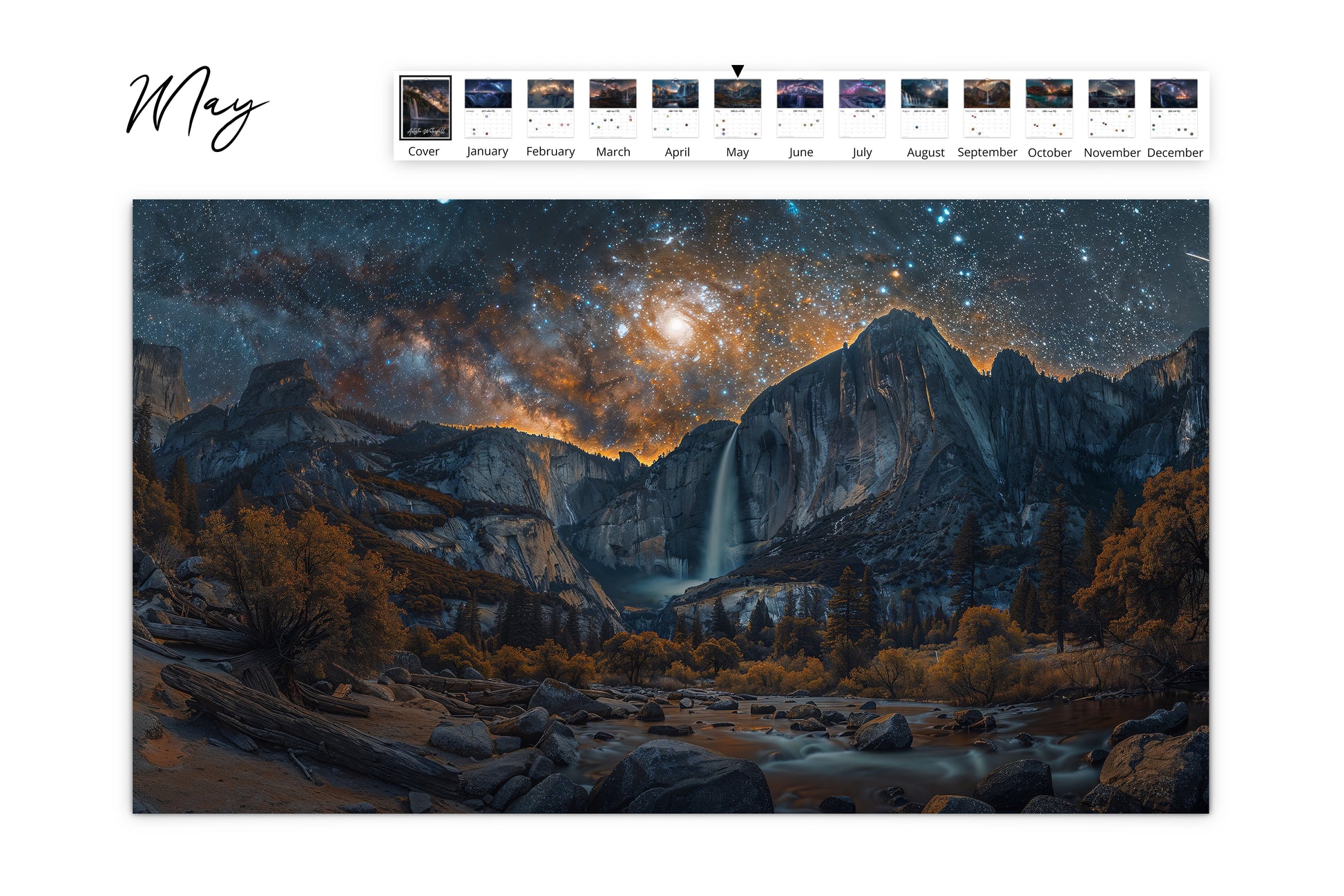 May page of the Artistic Waterfall calendar showing a waterfall in a mountainous landscape under a brilliant night sky