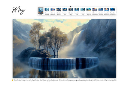 May image of a cascading waterfall flowing into a serene pool, framed by trees and mountains