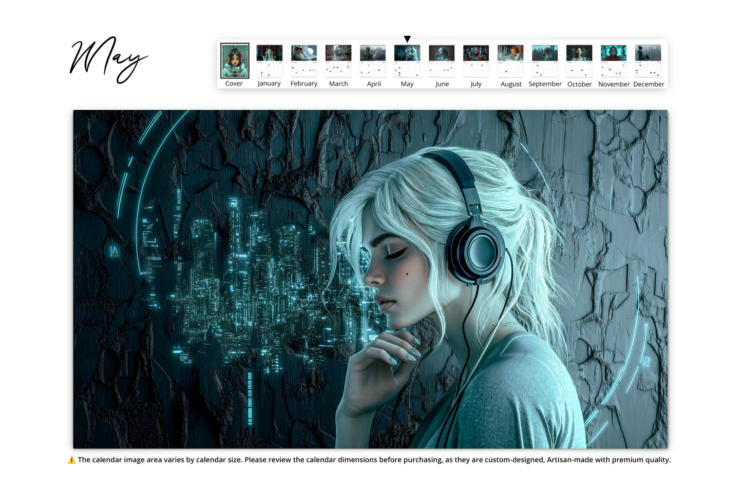 May: Woman with white hair and black headphones, contemplating a holographic cityscape in a cyberpunk world.