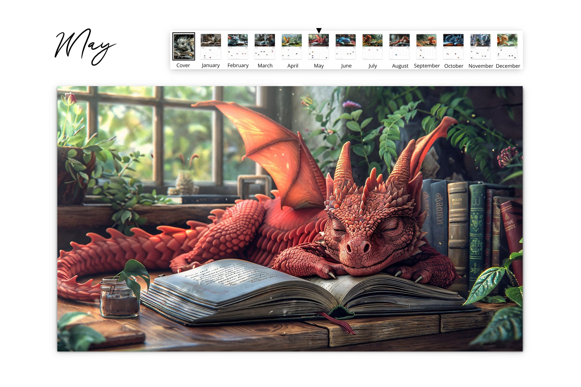 May page of the calendar featuring a cozy red dragon napping with a book in a quaint library setting.