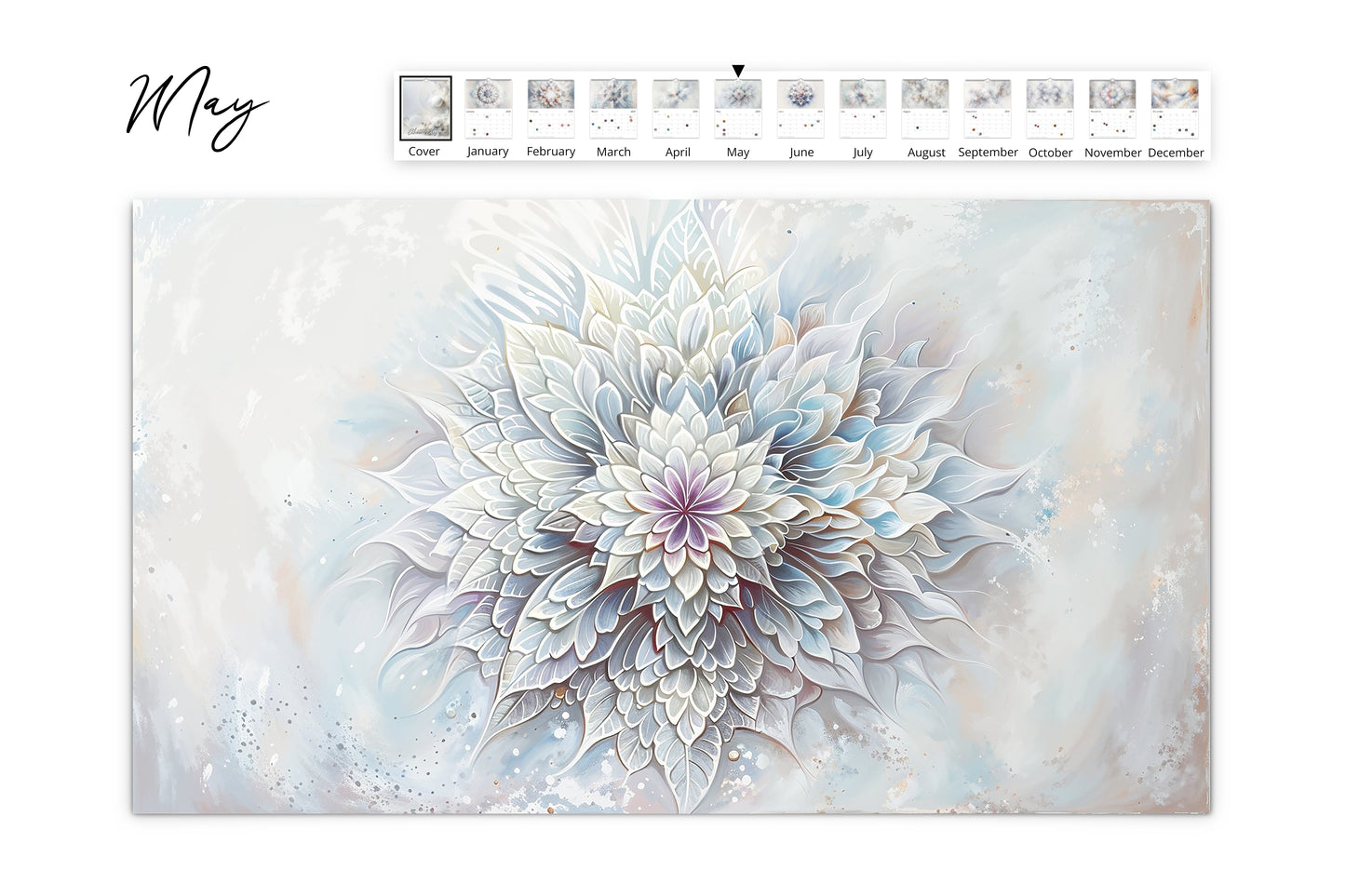 Wall calendar for May, illustrating a layered white floral artwork with petals in varying shades of white and pastel, highlighting the intricate detailing.