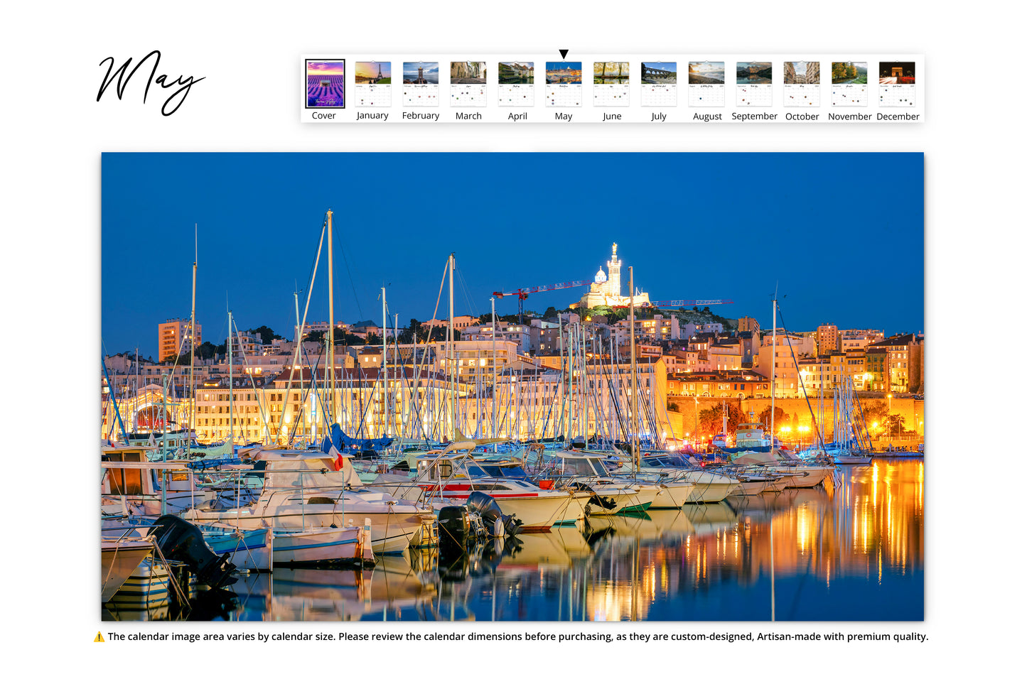 Boats docked in a vibrant marina with Marseille's Notre-Dame de la Garde Basilica illuminated in the background.