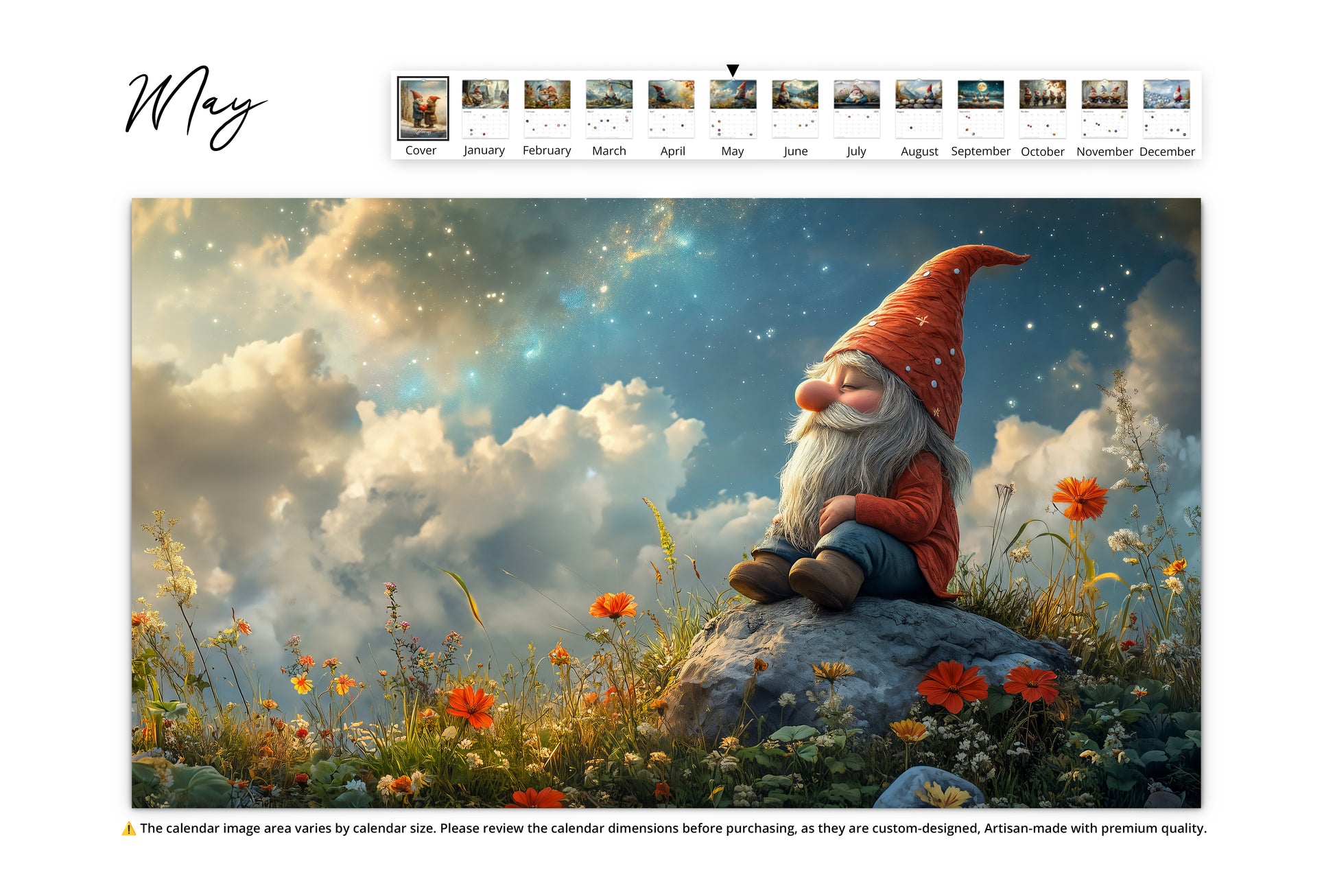 May image of a gnome sitting on a rock under a starry sky, surrounded by wildflowers 