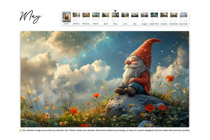 May image of a gnome sitting on a rock under a starry sky, surrounded by wildflowers 