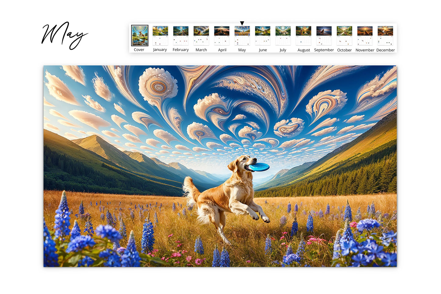 May layout features a Golden Retriever chasing a frisbee through a field with surreal swirling clouds above, in a calendar spread showing spring dates.