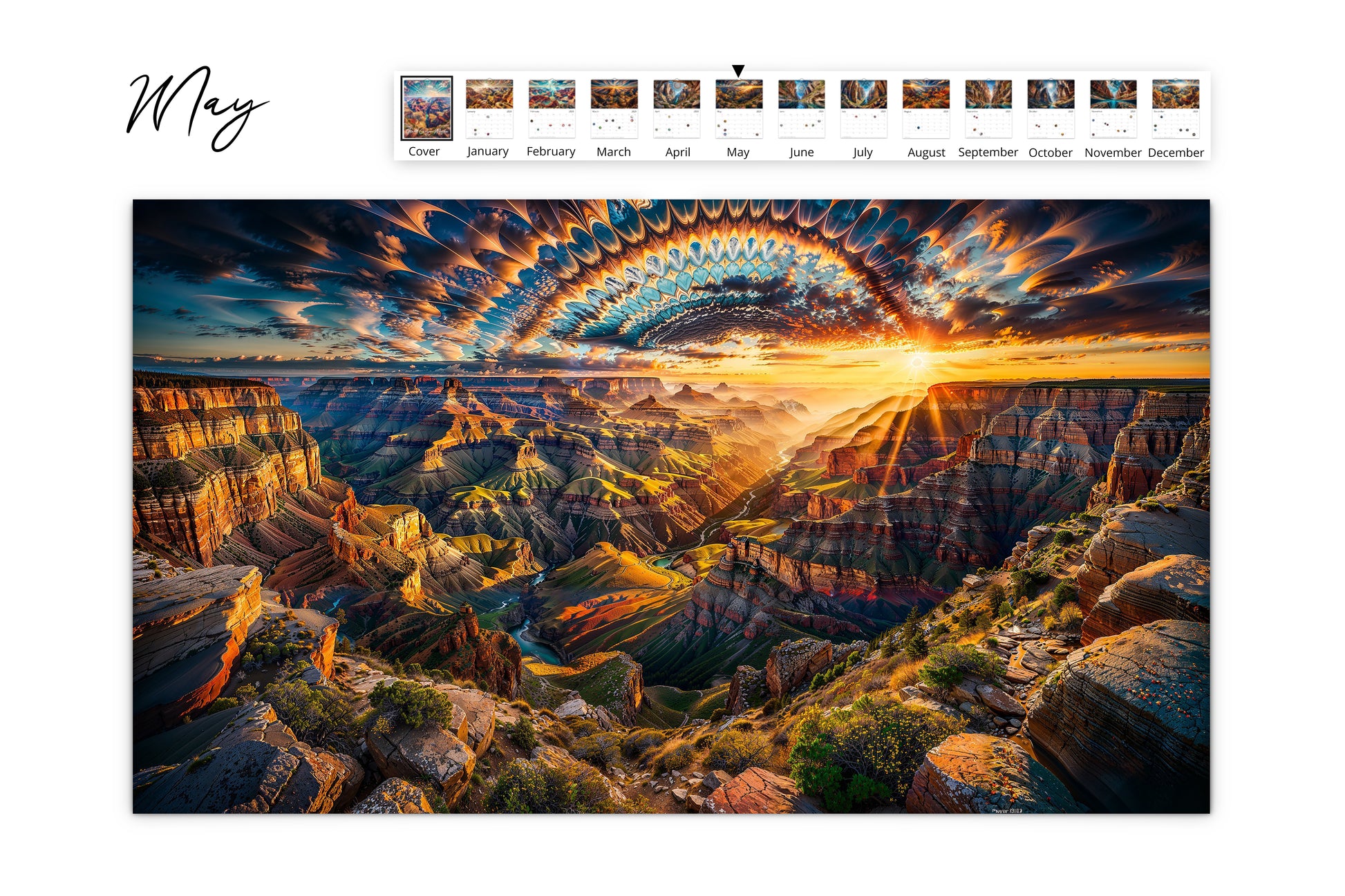 Calendar page featuring a vivid sunset over the Grand Canyon, with colorful, fan-shaped sky patterns casting golden light on the landscape.