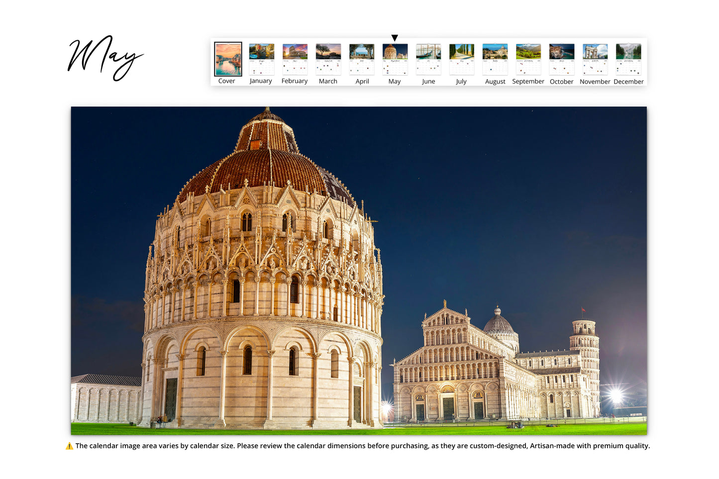 May Image The Pisa Baptistry and Leaning Tower of Pisa in Italy, glowing under the night sky.