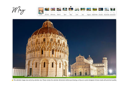 May Image The Pisa Baptistry and Leaning Tower of Pisa in Italy, glowing under the night sky.