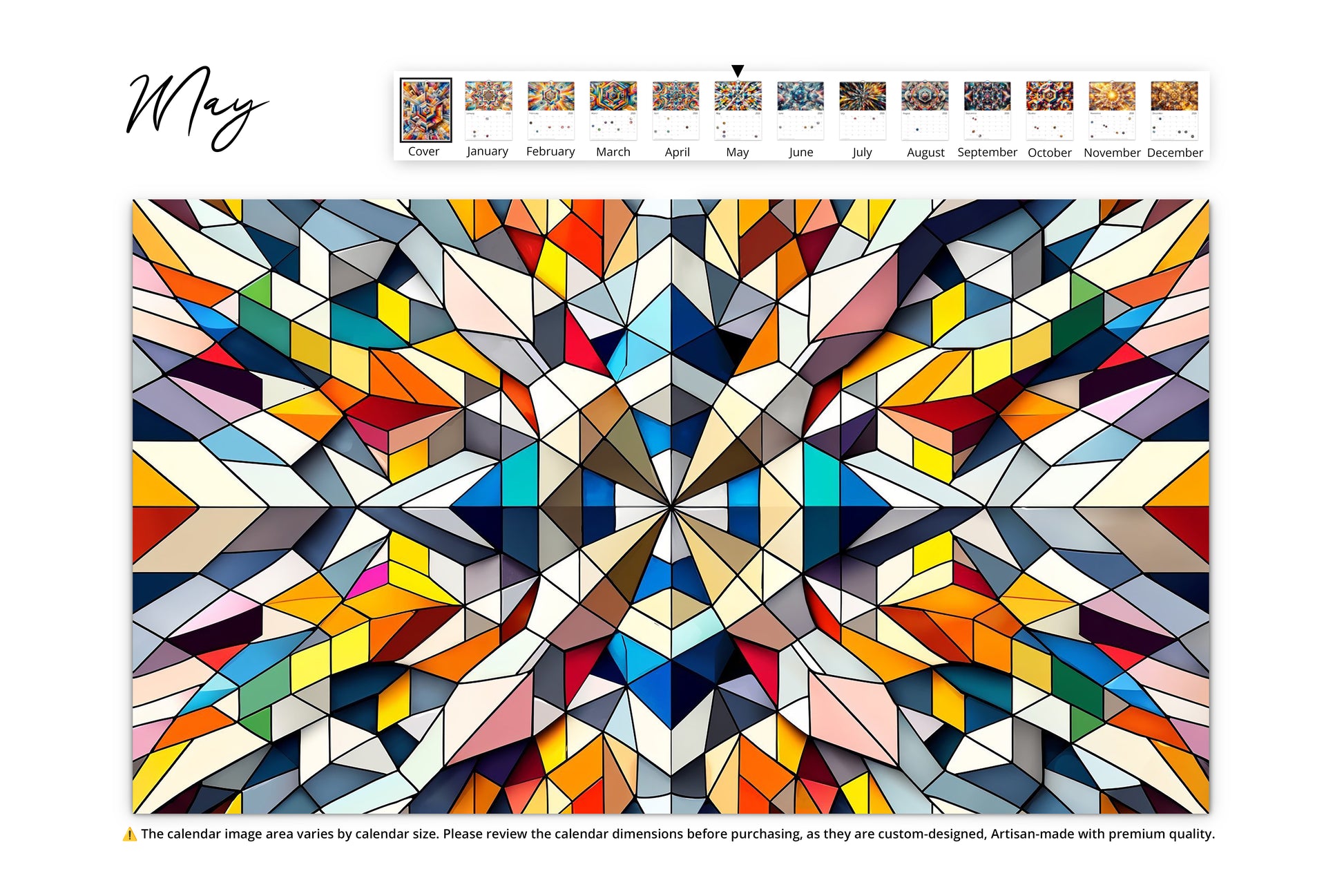 May page illustrates a modern, geometric mosaic in a variety of hues, forming a complex, tessellated starburst.