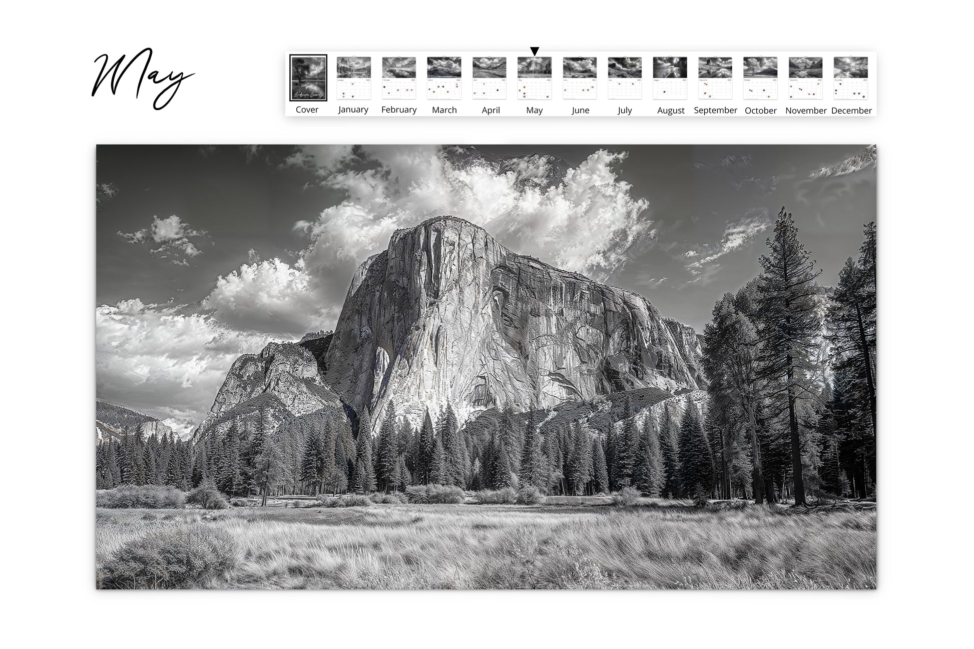 May calendar image depicting the majestic El Capitan rock formation in Yosemite National Park with clear skies and a grassy field in the foreground.