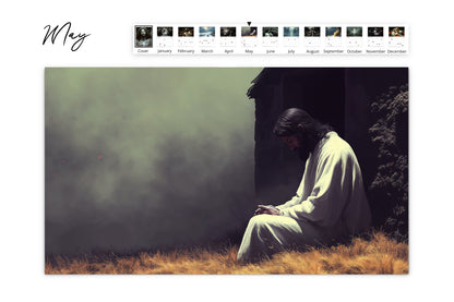 May calendar page featuring Jesus praying alone in a grassy field with a foggy background