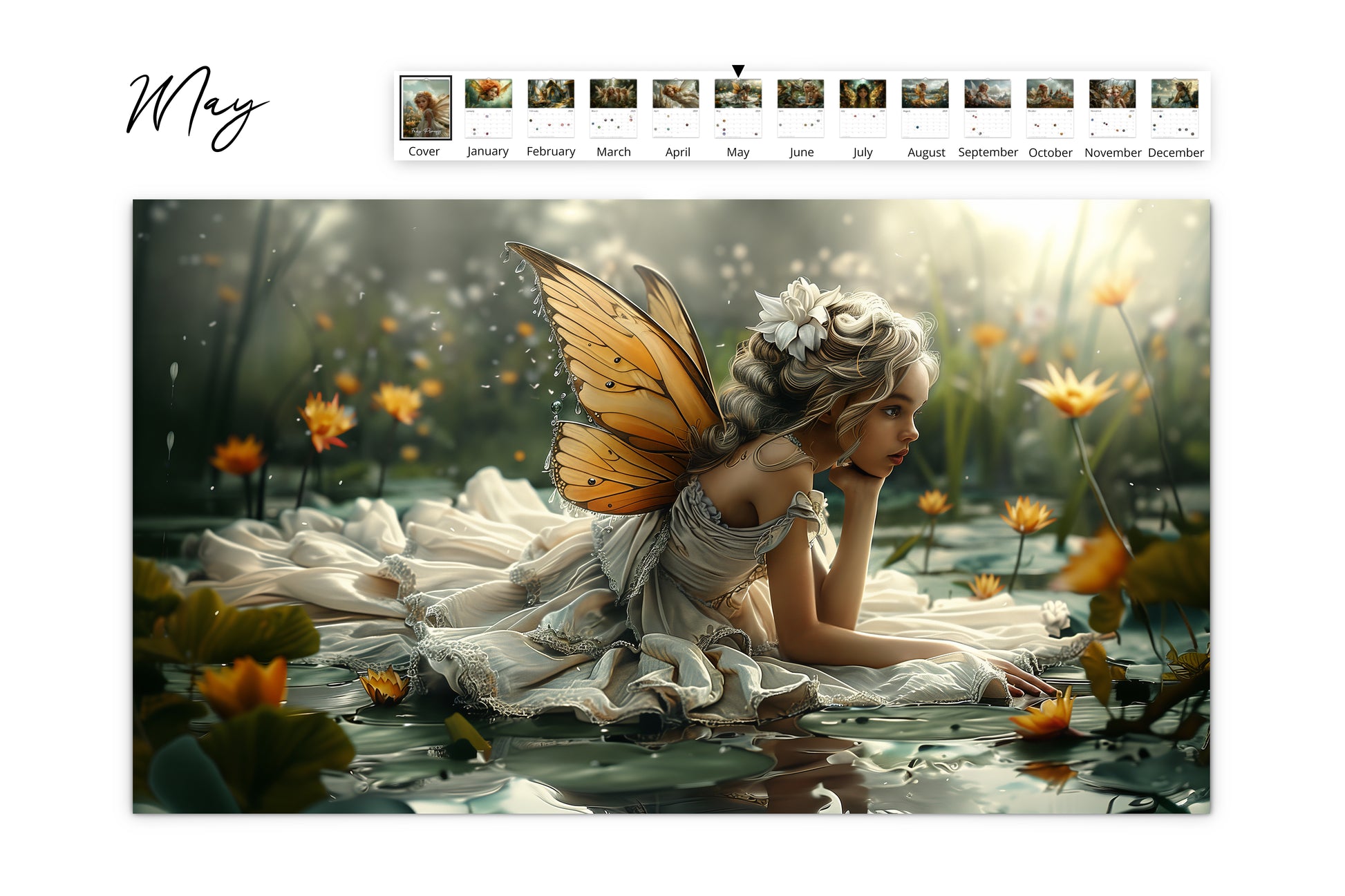 May page showing a fairy girl lying on a water lily pad in a serene pond filled with yellow flowers