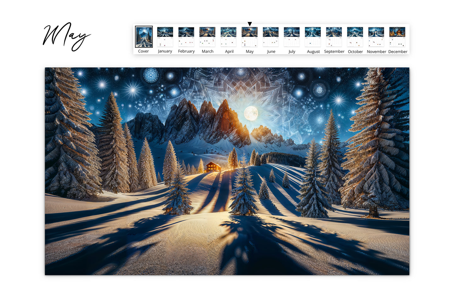 May page of Moonlit Mountains calendar depicting a snowy mountainscape with long shadows cast by trees under a night sky with stars