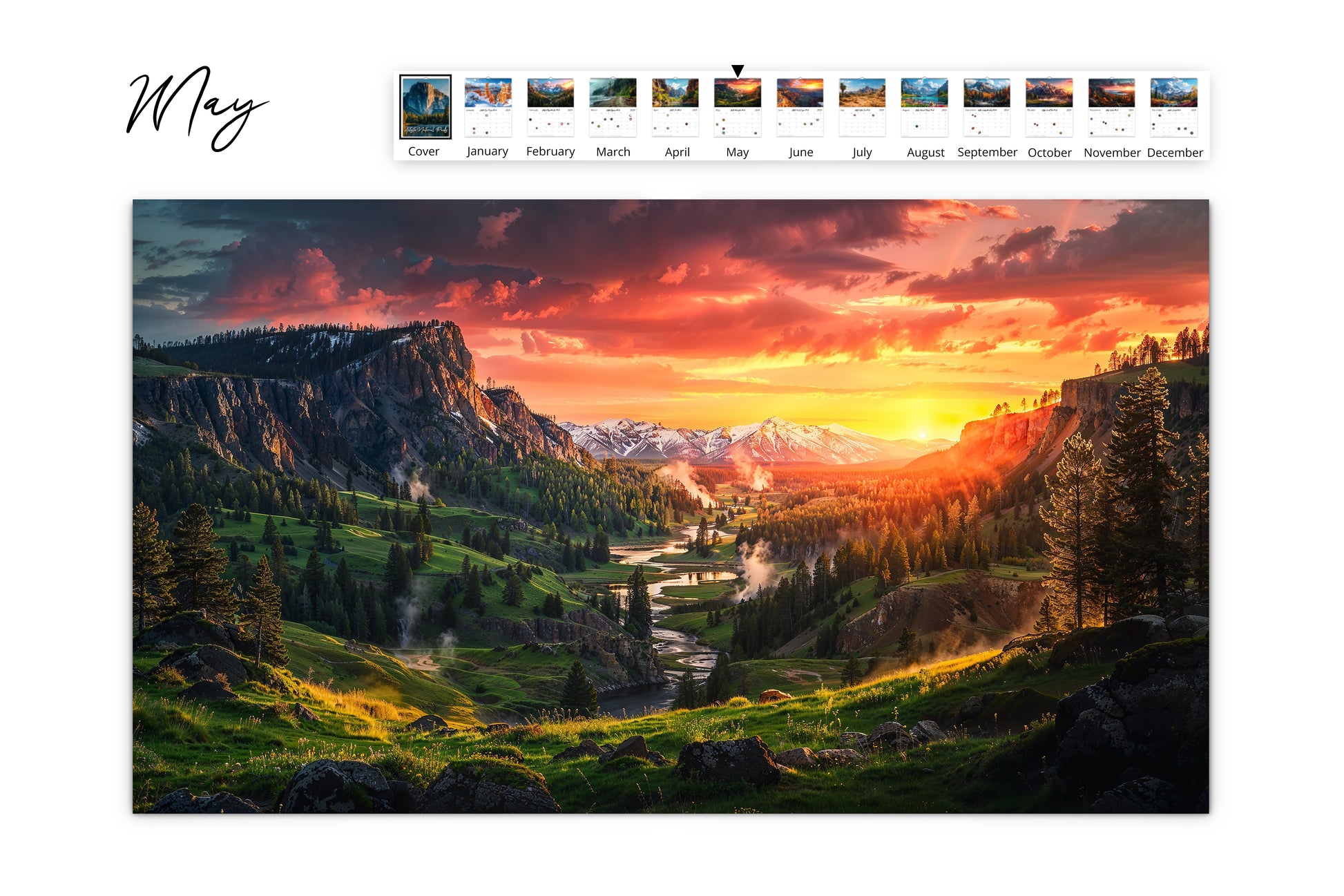 May calendar page presenting a breathtaking sunset view over a green valley with distant mountains, capturing the essence of Yellowstone National Park.