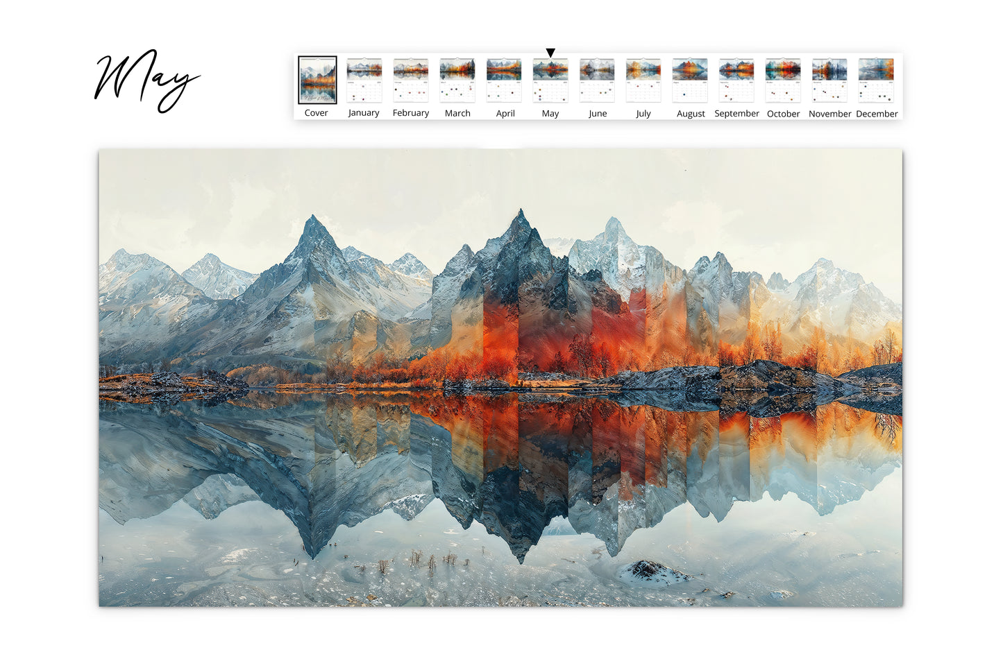 May calendar layout featuring a dramatic mountain scene with vivid autumn colors and their reflections