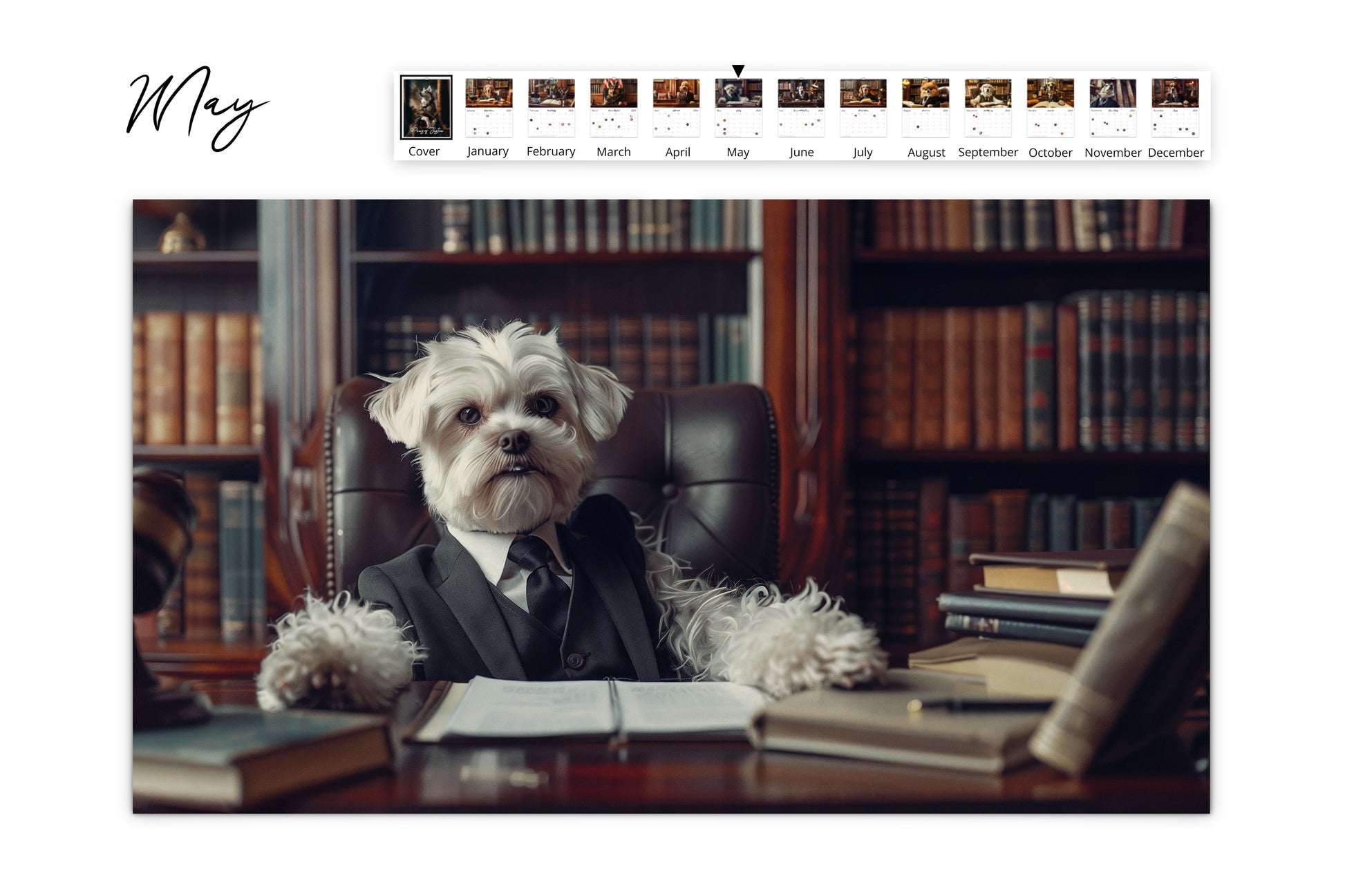 May page of the Paws of Justice calendar featuring a white Maltese in a suit, surrounded by books in an elegant library setting