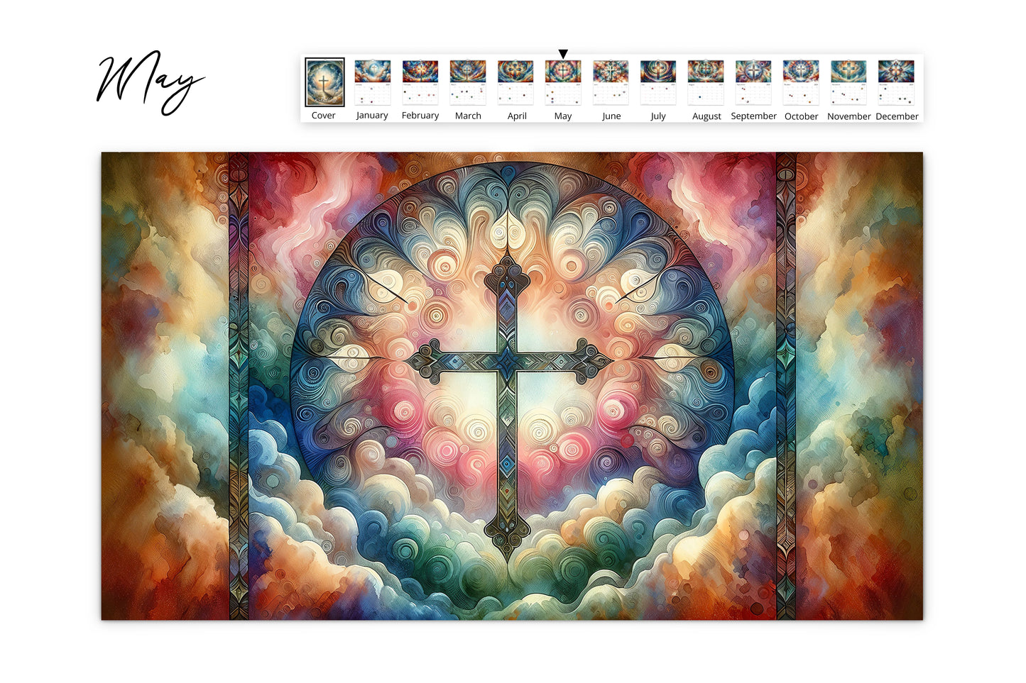 May features a soft-focus cross with a harmonious blend of pastel clouds and calendar dates, all under the gentle curve of a crescent moon.